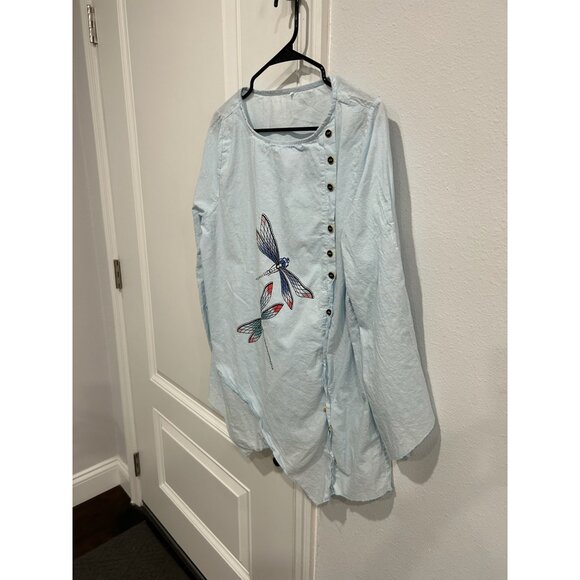 Asymmetrical Hem Dragonfly Embroidery Button-Front Top Sz L Boho Artisan - Picture 3 of 9